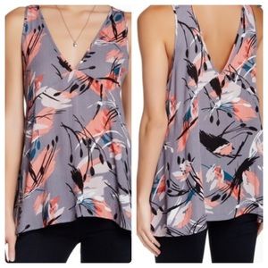 Lush Floral Double V Tank Coral and Gray, Sz M